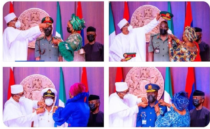 President Muhammadu Buhari with the Chief of Defence Staff (CDS), General Lucky Irabor and the three service chiefs.